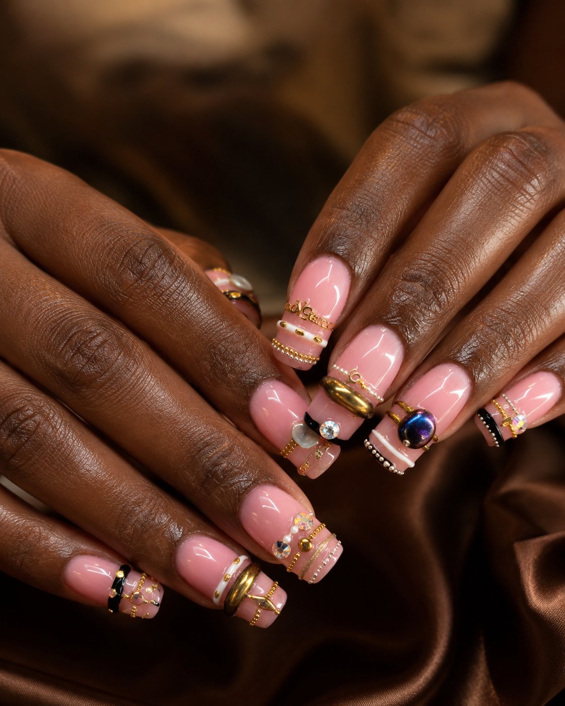 Luxury gold nail art with rhinestones
