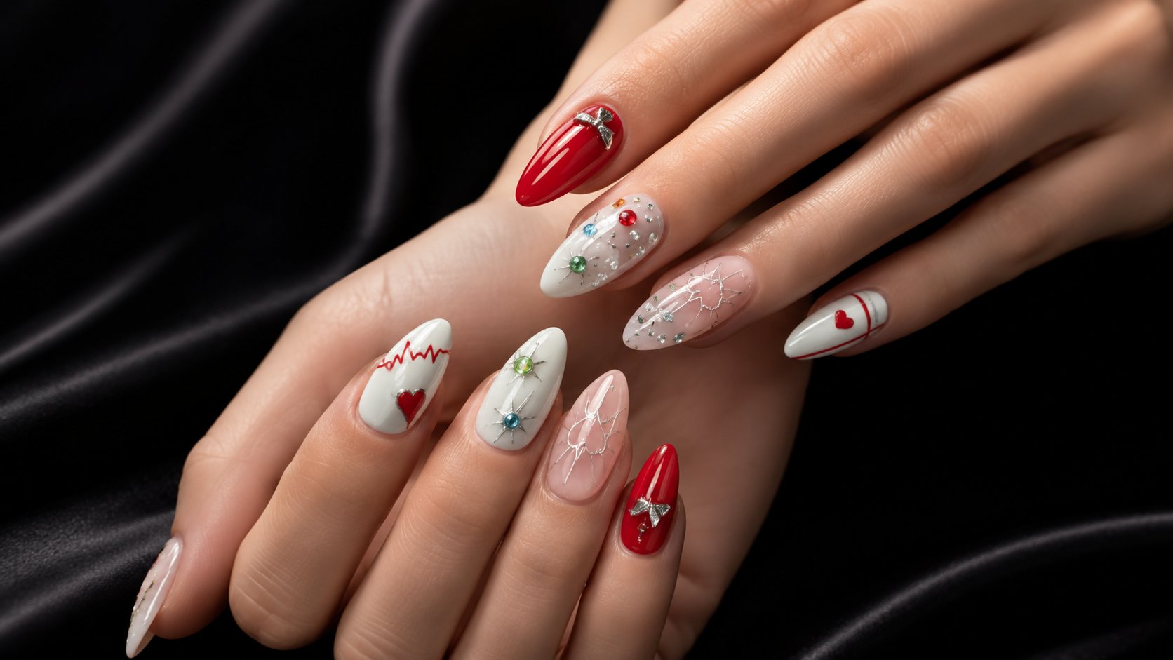 Red and white nail art on dark background