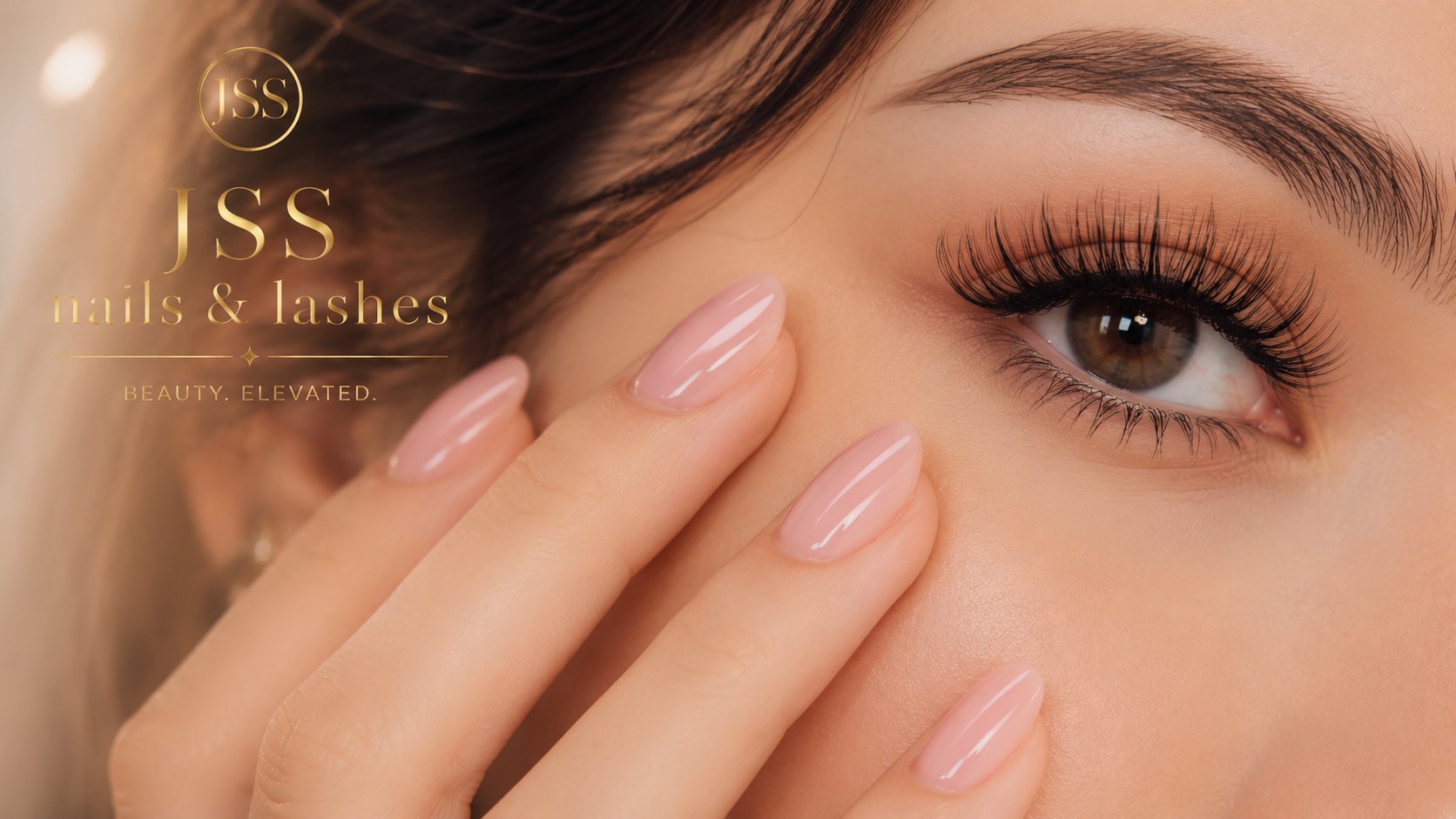 JSS Nails & Lash — pink nails and lash closeup with JSS branding