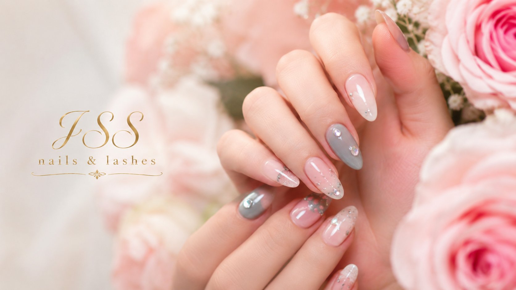 Luxury gel nail service at JSS — pink nails with flowers and JSS branding
