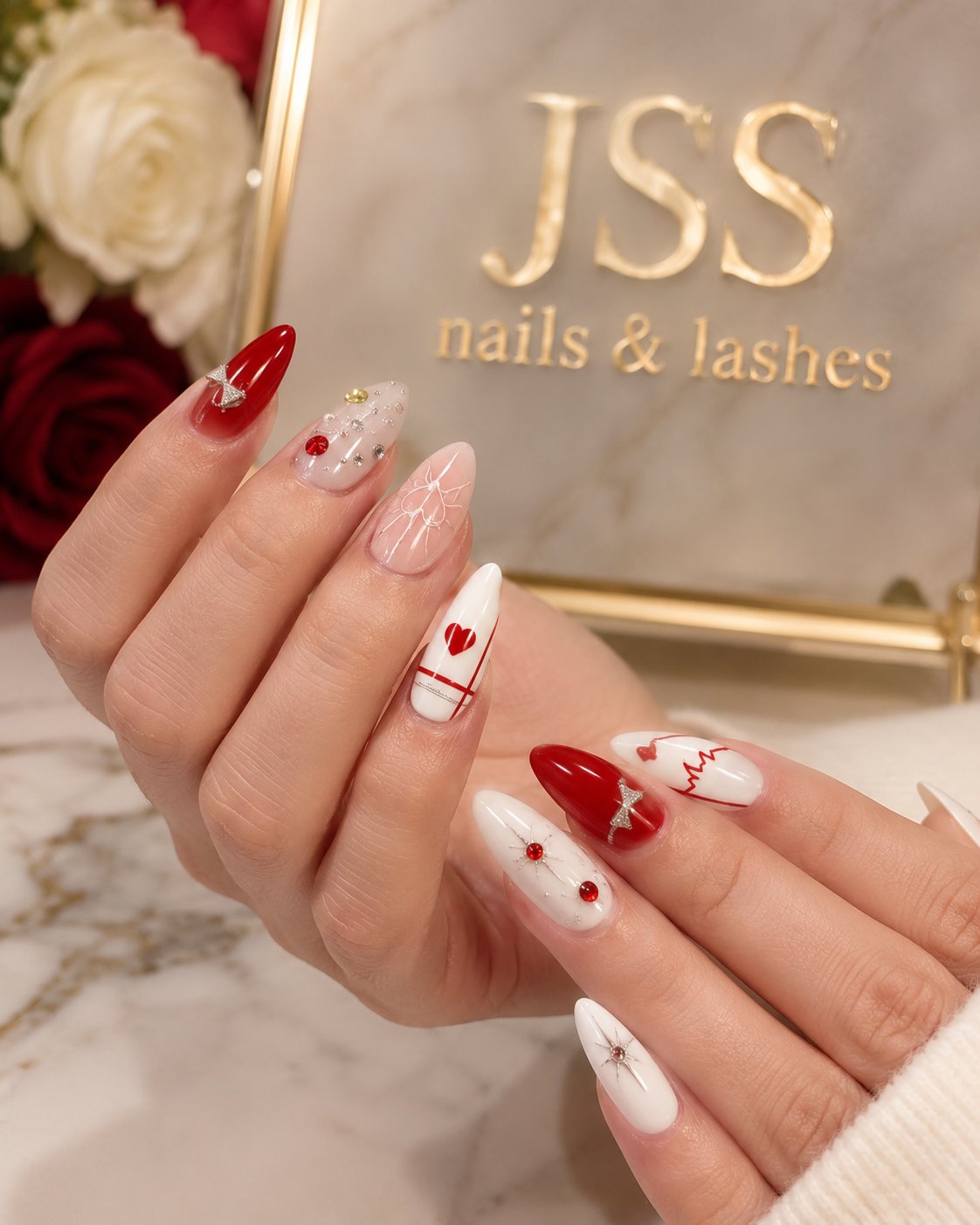 JSS Nails & Lash salon — red and white nail art with JSS sign