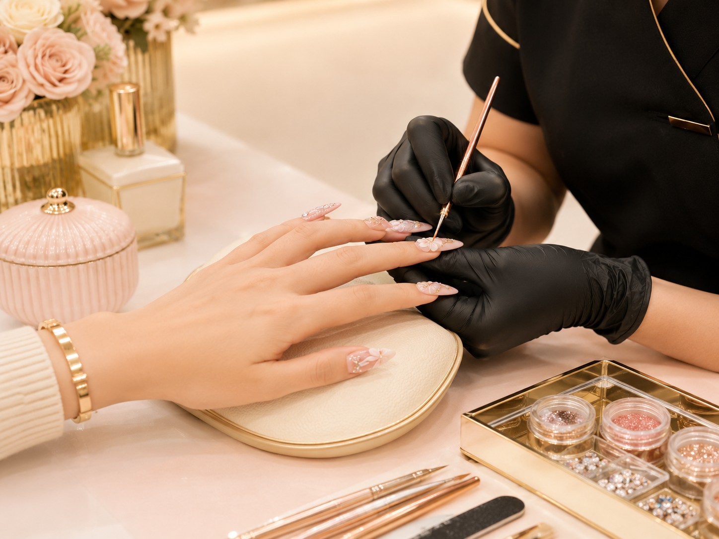 JSS technician applying detailed 3D flower nail art